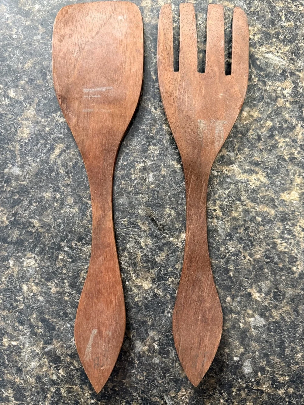 Mid-century modern wood salad spoon and fork